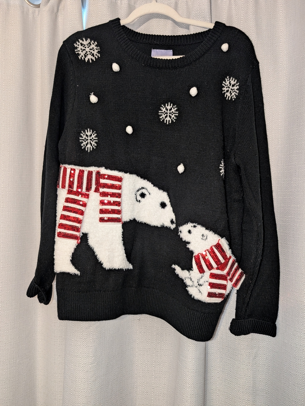 Black Polar Bear Holiday Sweater with Red Accents Laura Scott Large